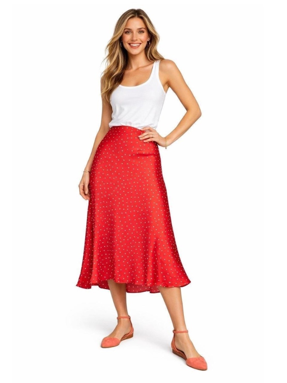 NWT Anthropologie Red Satin Polka Dot Long Midi Skirt Small Garden Party